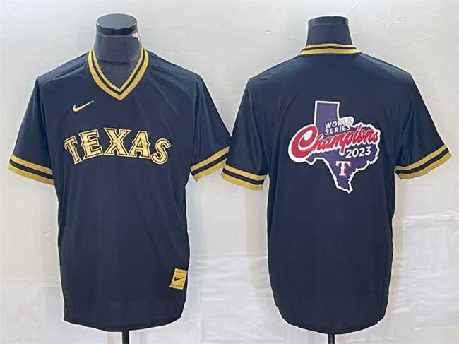 Mens Texas Rangers Black 2023 World Series Champions Big Logo Cool Base Stitched Baseball Jerseys
